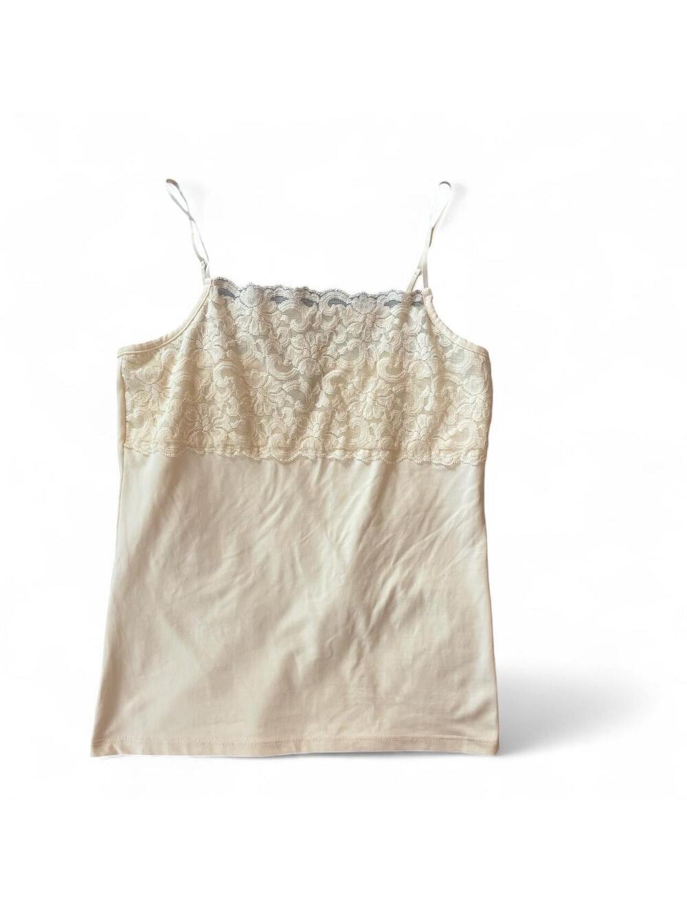 Boutique Essentials Cream Lace Trim Cami Tank Top Small Made in USA Chic